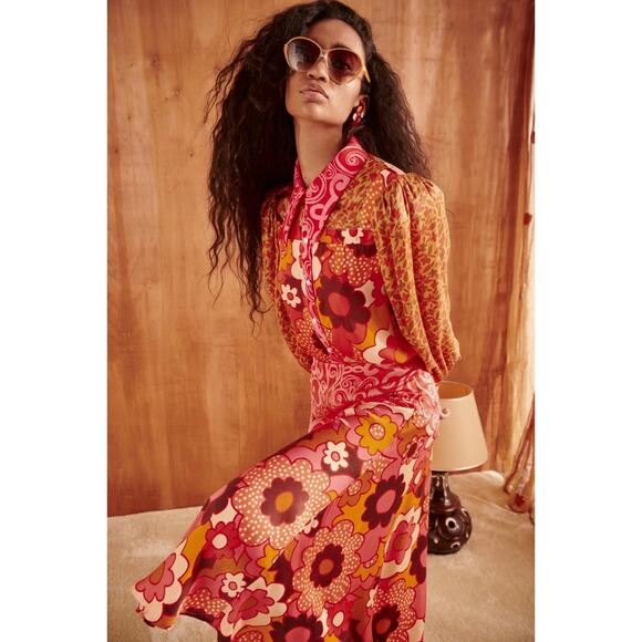 CELIAB retro Satin Monte Rosa Floral Button-Front Tiered Midi Sun Dress XS - Picture 4 of 12